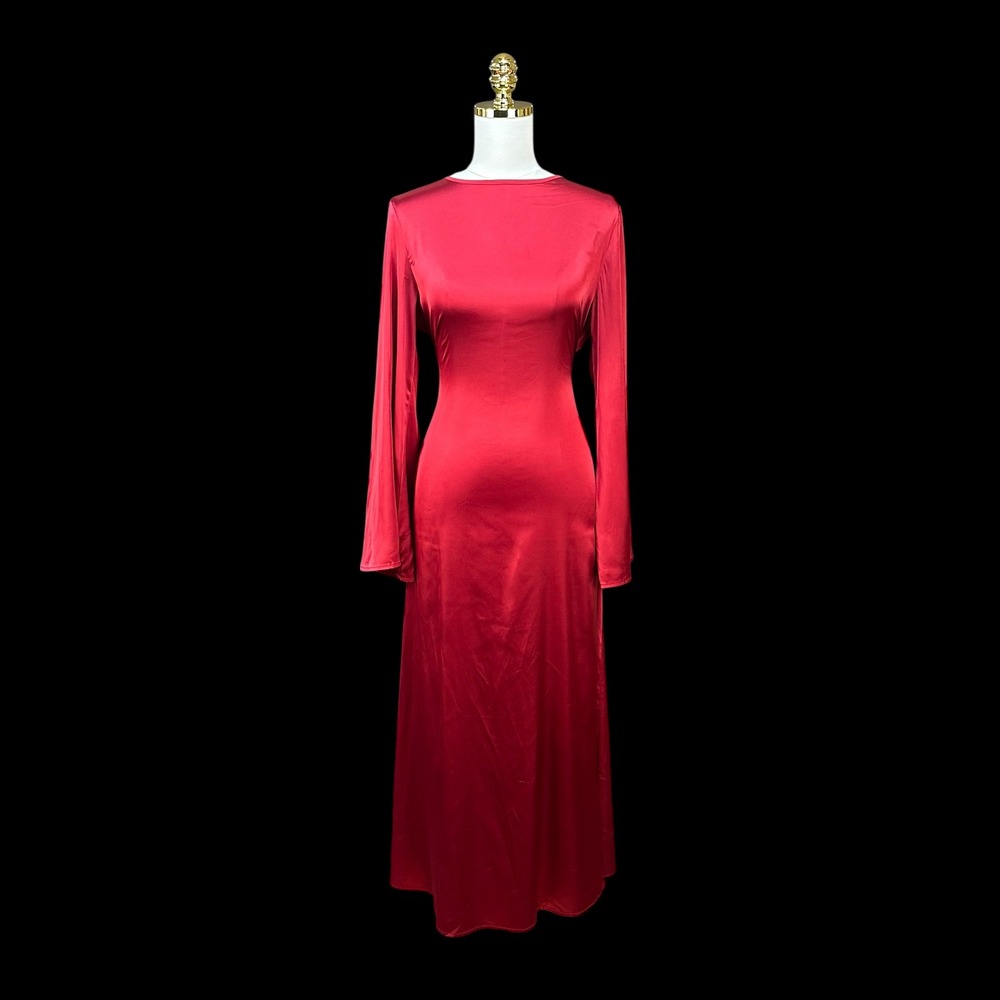 Red Satin Long Sleeve Maxi Dress Lace Up Corset Back Evening Gown Formal - Picture 3 of 9